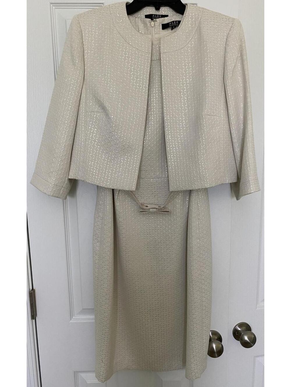 Alex Marie 2pc Dress Suit Set Metallic Ivory Jacquard‎ Dress 6 Jacket 8